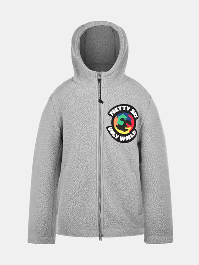 Gray hoodie with a colorful logo on a white background