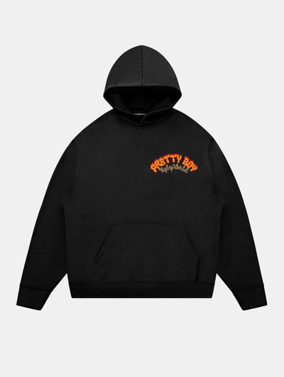 Black hoodie with orange text on a white background