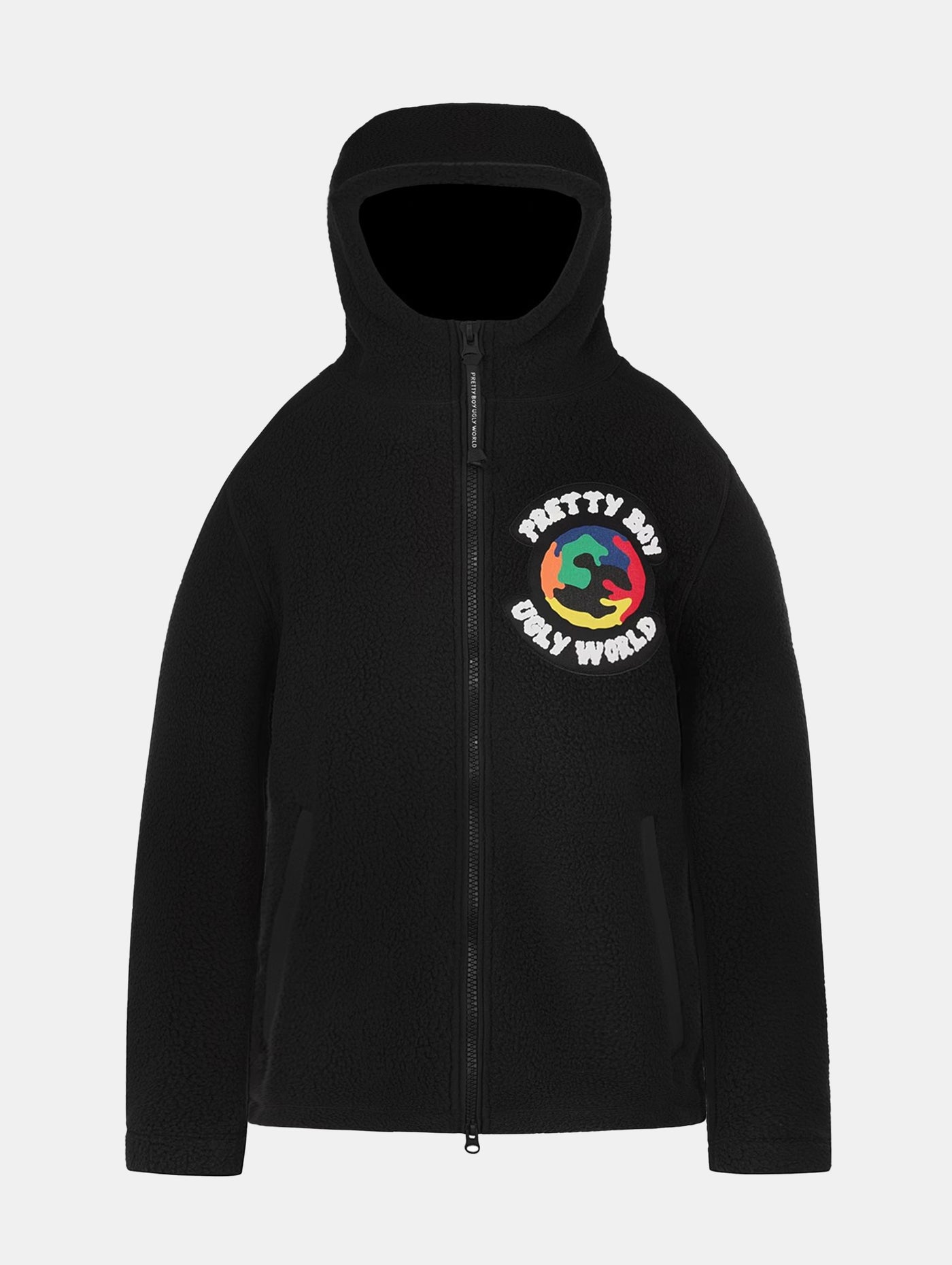 Black fleece with colourful logo on a white background