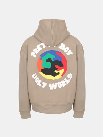Beige hoodie with colorful graphic and text on the back against a light gray background