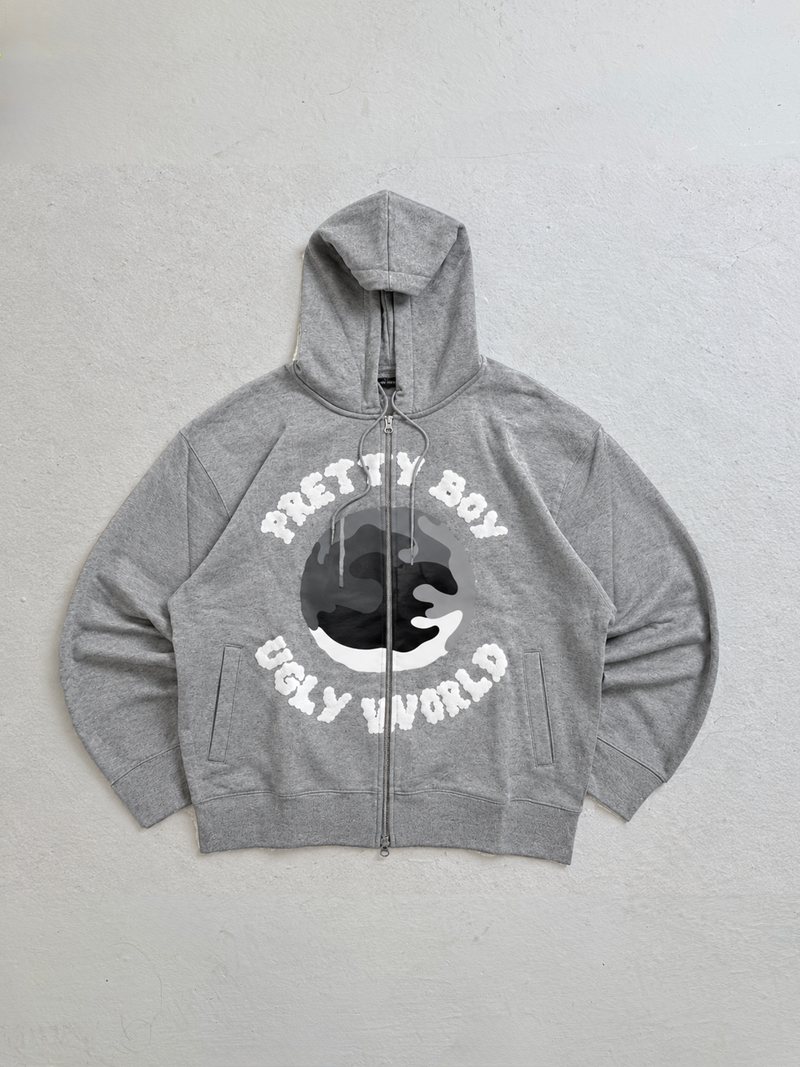 WORLD GREY ZIP-UP HOODIE